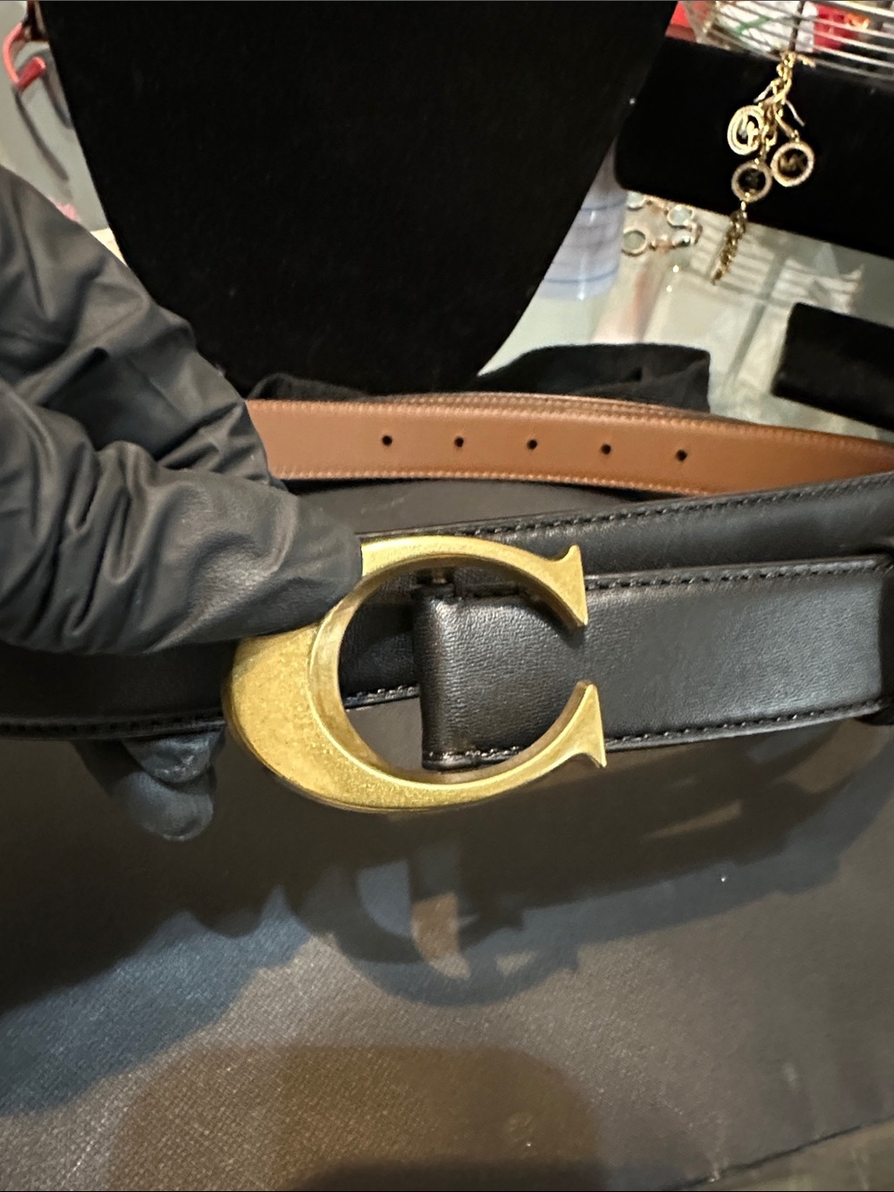 Coach Black Reversible Leather Belt with Gold C Buckle